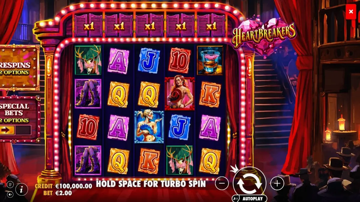 Tampilan visual slot Heartbreakers dengan tema kabaret dan simbol-simbol khasnya.