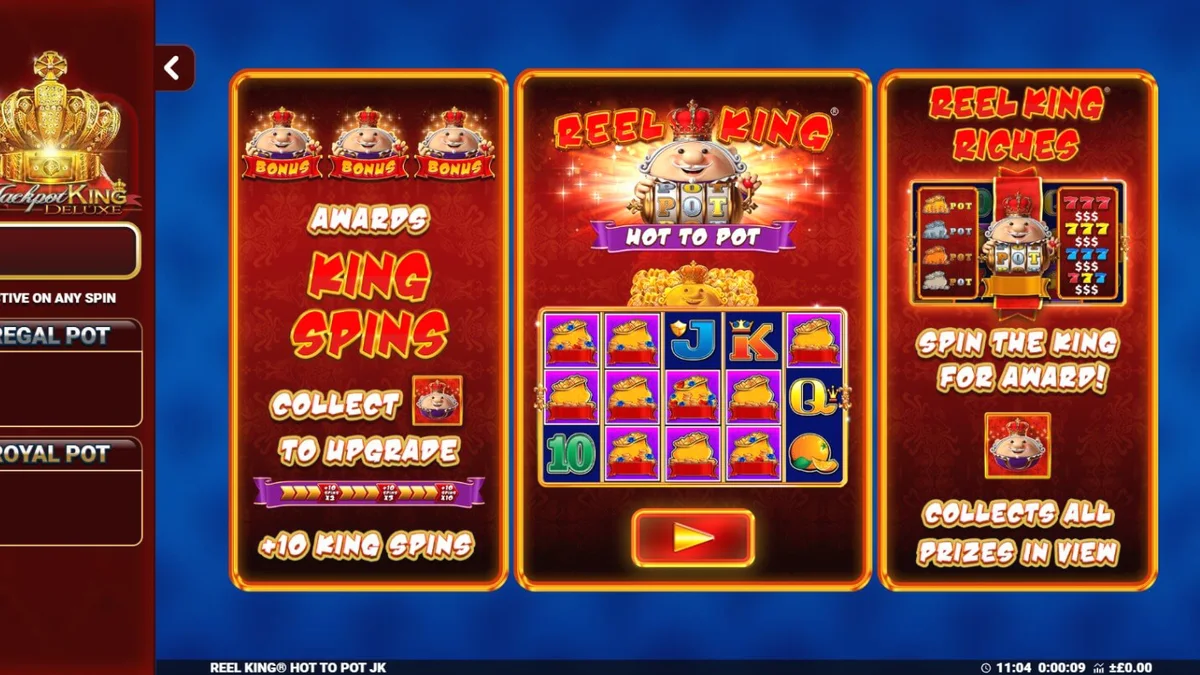 Tampilan visual slot Reel King Hot to Pot dengan nuansa emas dan buah-buahan klasik