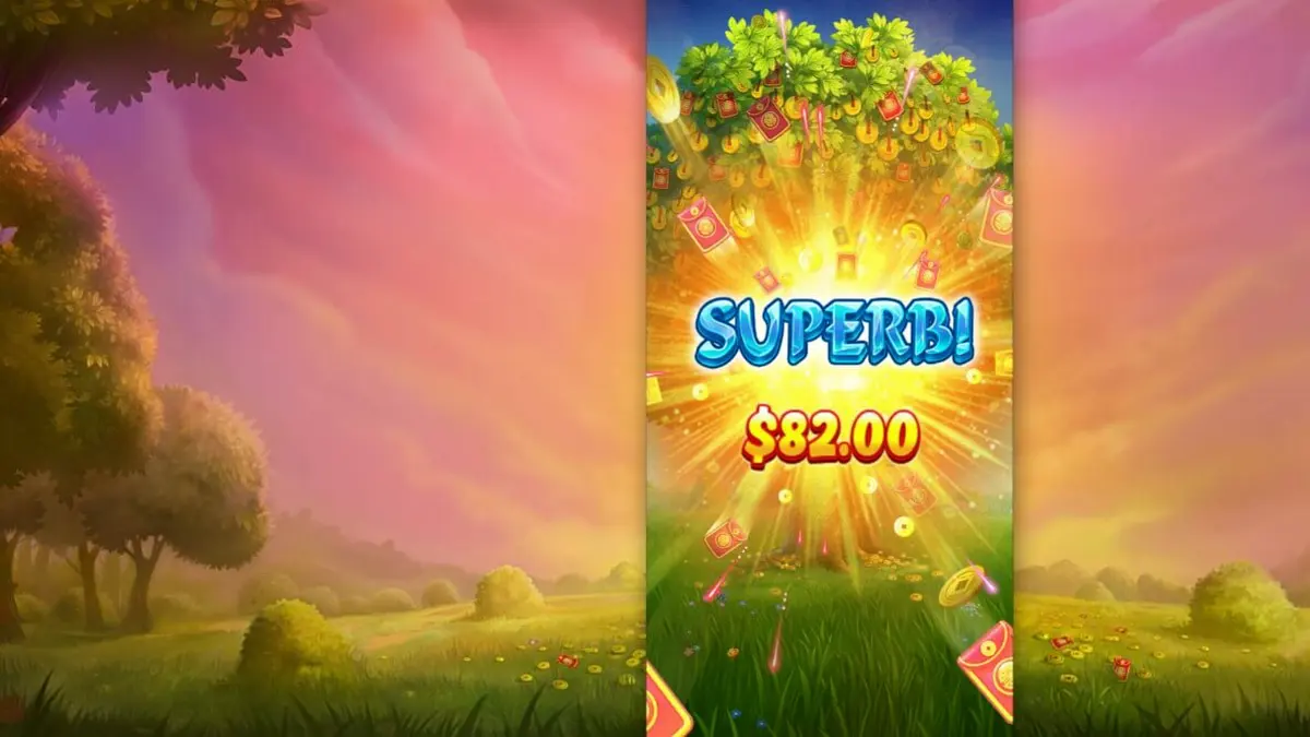 Lucky Fortune Tree slot game screen with golden coins and Asian theme