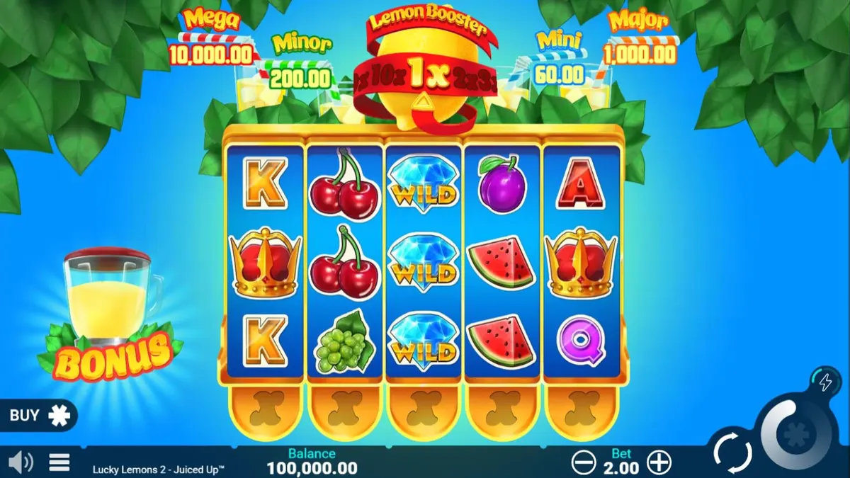 Lucky Lemons 2 Juiced Up slot game interface with vibrant citrus theme